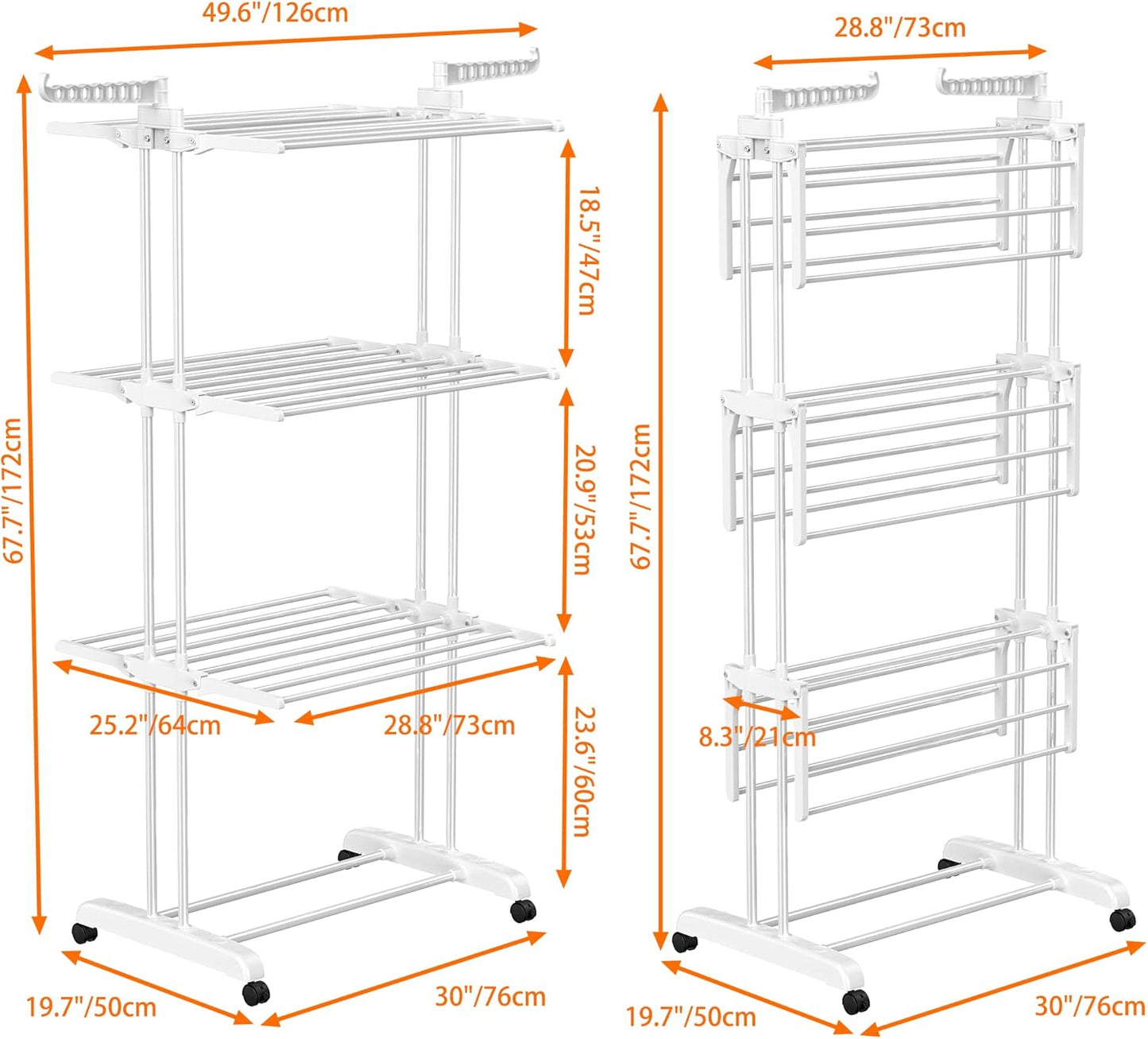 HOMIDEC 4-Tier Foldable Clothes Drying Rack – Stainless Steel, Movable with 4 Wheels