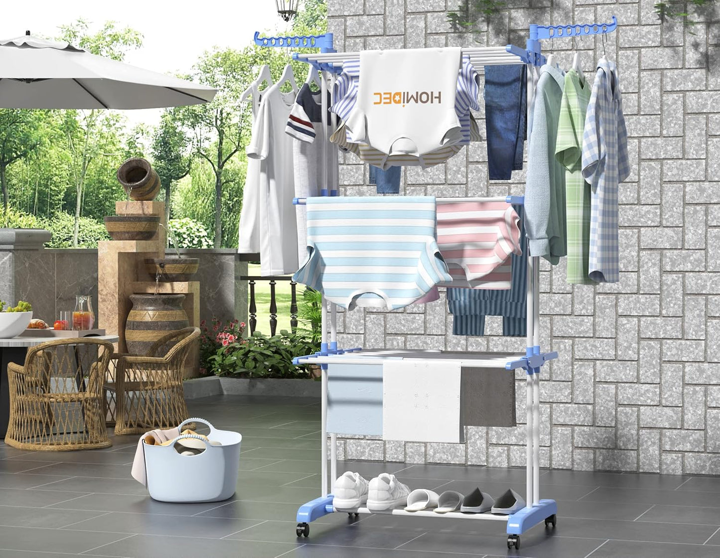 HOMIDEC 4-Tier Foldable Clothes Drying Rack – Stainless Steel, Movable with 4 Wheels