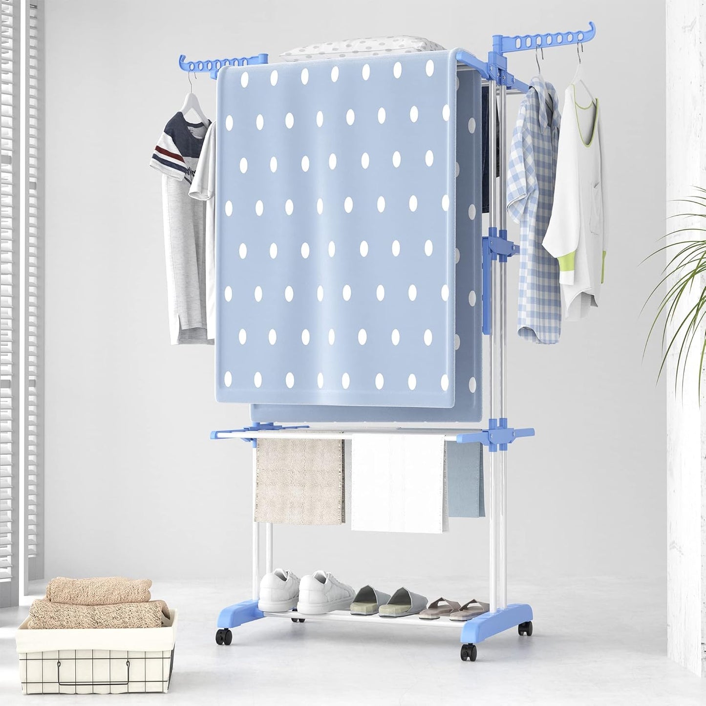 HOMIDEC 4-Tier Foldable Clothes Drying Rack – Stainless Steel, Movable with 4 Wheels